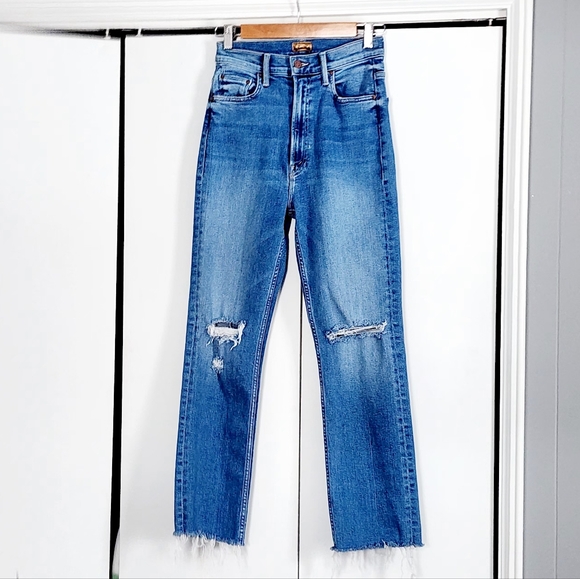 MOTHER Blue Distressed Straight Leg Jeans